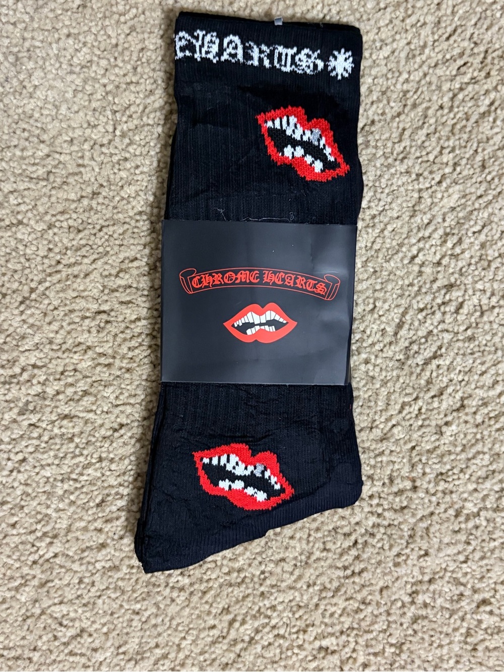 Chrome Hearts Black Crew Socks with Red Lip Motif